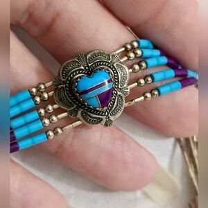 Vintage Navajo Sterling Silver and Turquoise heart Bracelet liquid silver